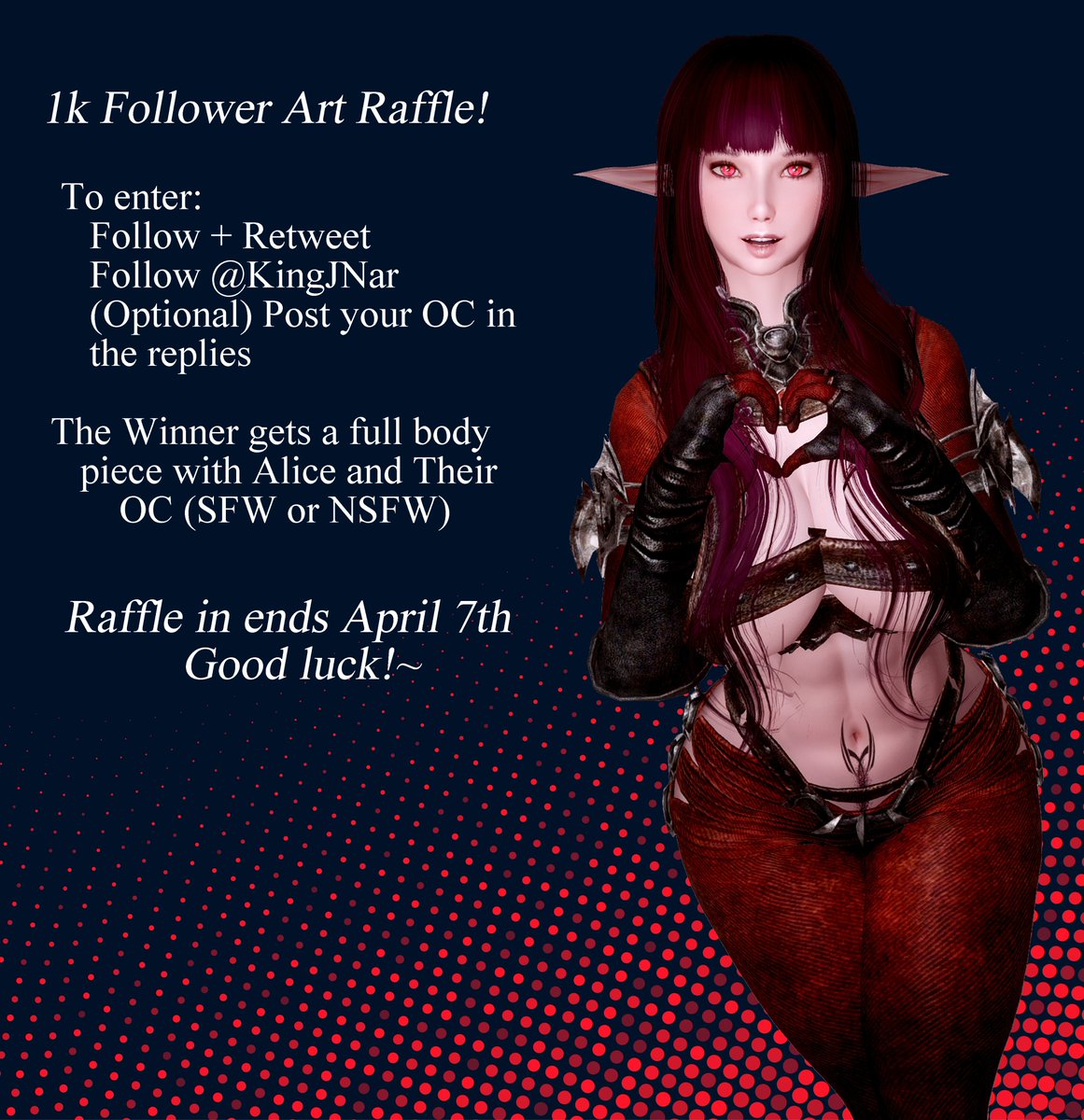 NecrosisXiii's tweet photo. 1k followers!!! Thank you all so much!💞🥰💞
I've decided to team up with @KingJNar to do an Art raffle!

To enter:
  - Follow me and @KingJNar 
  - RT + like this tweet 

Winner gets a full body piece of Alice and their OC (SFW or NSFW)

Raffle ends April 7th! Good Luck!~ https://t.co/35IQPpOpS3