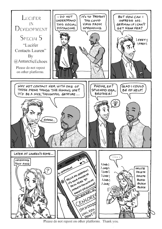 AntarcticEchoes's tweet photo. Hi everyone! Here is #LuciferInDevelopmentComics Covid-19 Special no. 5!  Amenadiel gives Dorky Luci some advice on how to contact @LaurenGerman....😅😅😅 Enjoy, take care &amp; stay healthy! 💖💖💖💖💖
@Henderson_Joe @Ildymojo @tomellis17 @dbwofficial @Aimee_Garcia #Luciferonnetflix https://t.co/UUdhI8tBze