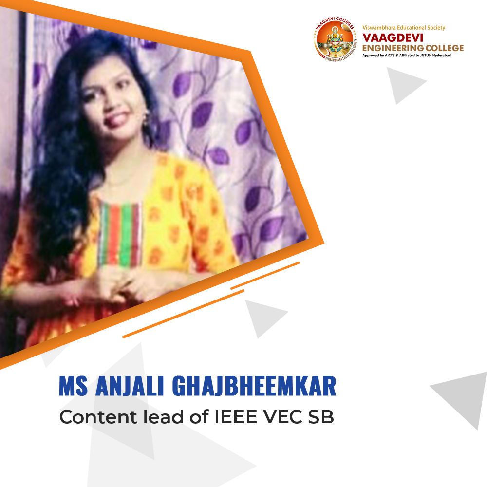 VECWarangal's tweet photo. We proudly introduce you to our #contentlead #IEEEVECSB Ms Anjali Ghajbheemkar who has worked hard in writing most of the content in the skilful manner &amp;also got selected as the best #contentwriter for many events
#IEEECSVECSBC #IEEE #VAAGDEVIENGINEERINGCOLLEGE #VECWarangal #VEC https://t.co/khfLUFdZto
