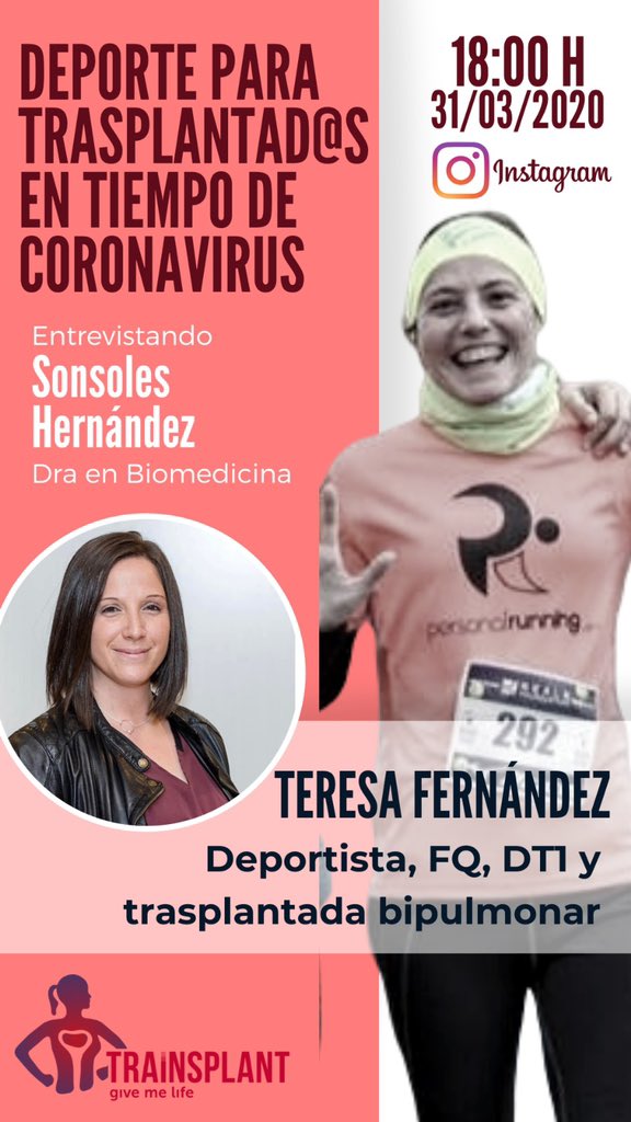 Sonsohs's tweet photo. Hoy a las 18h en directo en el #Instagram de @trainsplant con esta pedazo de mujer!

Ella es runner, con Fibrosis Quística, diabetes tipo 1 y trasplantada bipulmonar...

Después de escucharla me cuentas si te volverás a quejar del confinamiento!!!

#QuedateEnCasa https://t.co/hjCkntSLs9