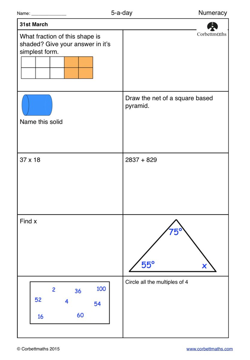 Want to improve your maths results? Try today's Numeracy 5-a-day #maths5aday  answers: corbettmaths.com/2016/10/26/mar…