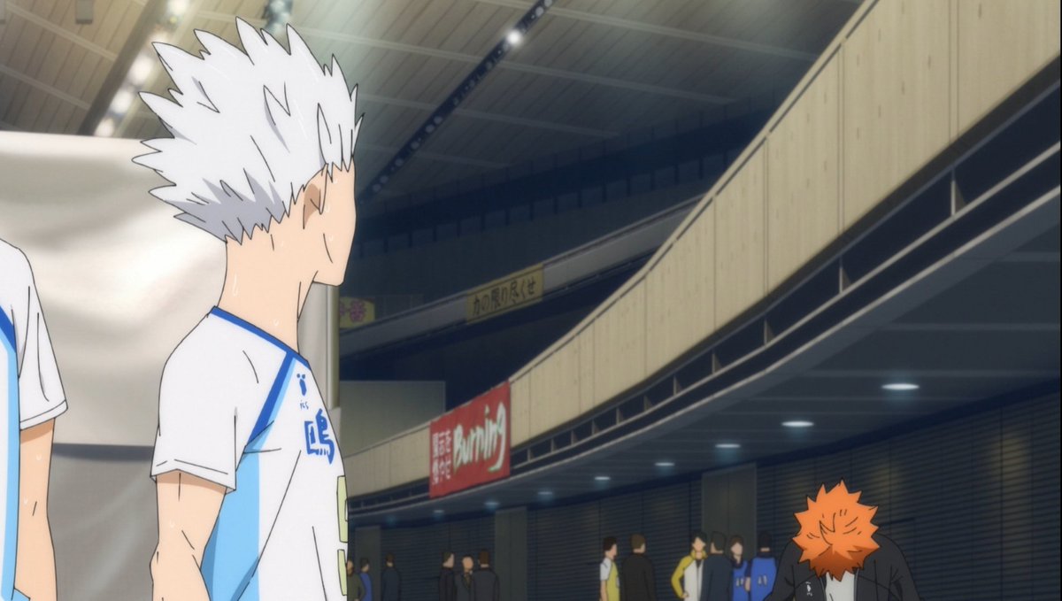 Haikyuu s3 ep12:Can we talk about this moment here? It was very small and very quiet. Hinata bows to Hoshiumi because he'd just heard Hoshiumi say to the reporter what he'd always wanted to be told: "Even if you're small, it doesn't make you completely helpless." (contd.)