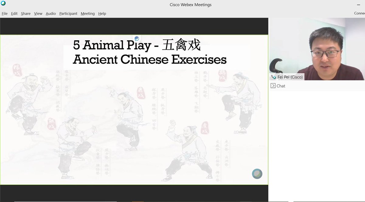 Elizabeth_Chen's tweet photo. More than 65 individuals got on #ciscowebex for a 10 min break session of 五禽戲, Wu Qin Xi! Such a fantastic way to #Connect , #engage and take a break together! thanks, teacher Fei ☺️ and @rajesh_c - our #FitWell #Fitness and #Wellbeing ambassador #cxcenters #LoveWhereYouWork https://t.co/V6bzi5ZdR8