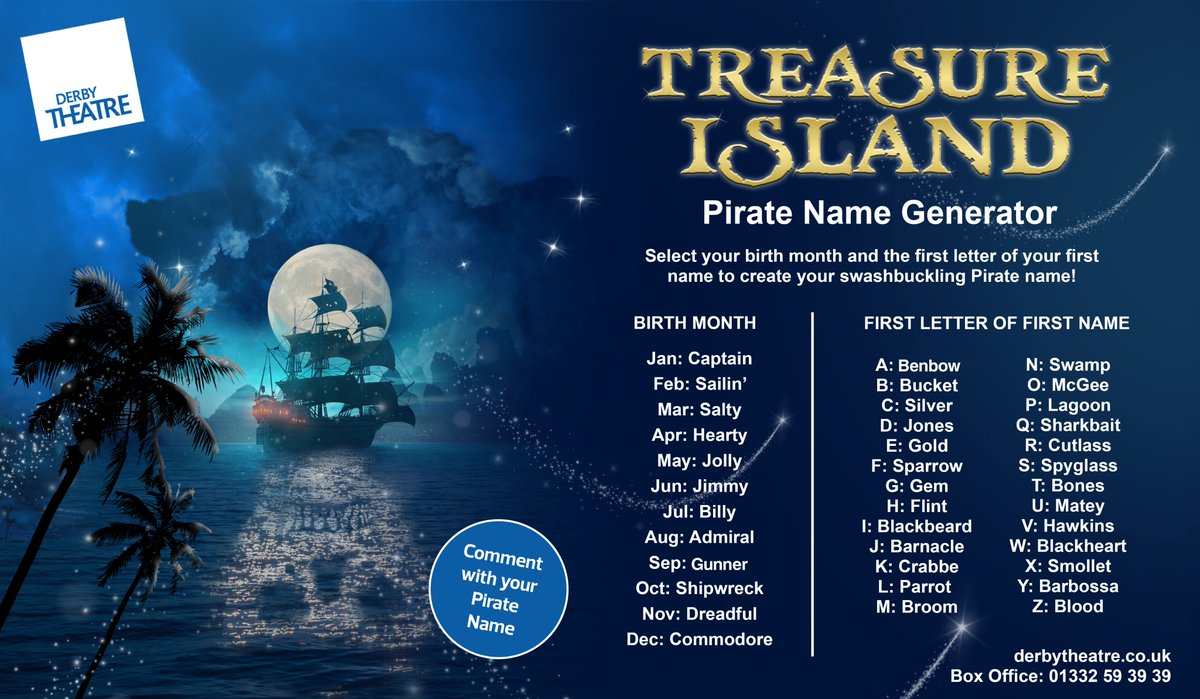 derbytheatre's tweet photo. Ahoy, maties! #TreasureIsland may sadly have been cancelled but we're determined to make the ship sail again.

Join Long John Silver's crew and help us prepare by creating and commenting with your very own #PirateNames! 🏴‍☠️ https://t.co/GrLQtfXCwJ