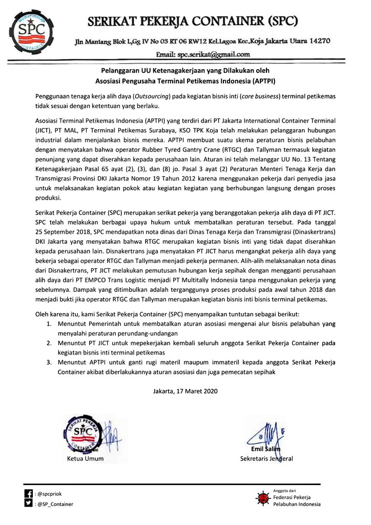 SP_Container's tweet photo. Sebagai sebuah asosiasi, seharusnya APTPI paham bahwa menggunakan pekerja dari pihak penyedia jasa untuk kegiatan pokok yg berhubungan langsung dengan proses produksi adalah salah dan melanggar UU No. 13 Tahun 2003.
#SPCMenggugat
#BanggaBerserikat https://t.co/zkgftm9NT4