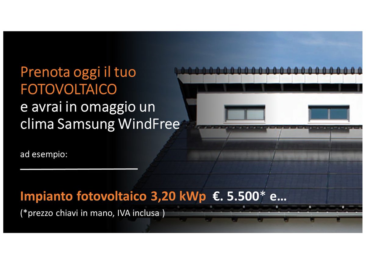 TeampowerSrl's tweet photo. Fino al 15/04/2020 prenotando un impianto fotovoltaico con noi, in omaggio un climatizzatore SAMSUNG AR9500M WindFree, dotato di tecnologia Virus Doctor che riduce virus, batteri e muffe presenti nell'aria fino al 99%.
Prenota ora https://t.co/erVwxezmz5 o chiama il 391 7655252. https://t.co/J7VfXLdS37
