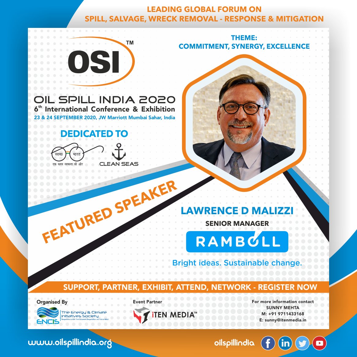 oilspillindia's tweet photo. Pleased to Announce & Welcome Mr. Lawrence Malizzi, PG, Senior Manager, Ramboll as an "Esteemed Speaker" in Oil Spill India 2020 !!
#Oilspill #Spillresponse #restoration #salvage #wreckremoval #OSI2020 https://t.co/utNL4TcBGw