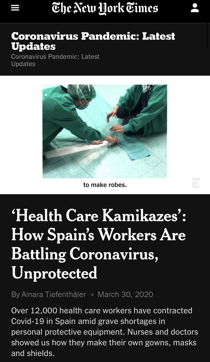MdcnCabreada's tweet photo. NO SOMOS HÉROES.SOMOS “KAMIKAZES”.CONCRETAMENTE, “KAMIKAZES DE LA SALUD”. ASÍ NOS DEFINE EL NEW YORK TIMES POR SER MÁS DE 12.000 PROFESIONALES SANITARIOS CONTAGIADOS TRABAJANDO CON UNA ESCASEZ GRAVE DE EQUIPOS DE PROTECCIÓN INDIVIDUAL.
“KAMIKAZES DE LA SALUD”. ESO ES LO QUE SOMOS https://t.co/vnY92n0E0a
