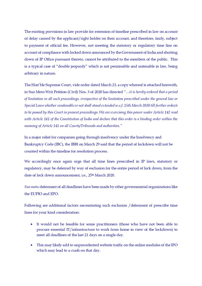 AippiG's tweet photo. AIPPI IndianGroup requests suo moto deferment of all Intellectual Property Statute deadlines till May 01 in view of  the COVID-19 situation.Pleasegive effect to SC order of March 23 &amp; respond favorably @DIPPGOI ,@CimGOI ,@PiyushGoyalOffc ,@cgpdtm_india ,@IPO_India,@PMOIndia 

 . https://t.co/V7jk2sSugR