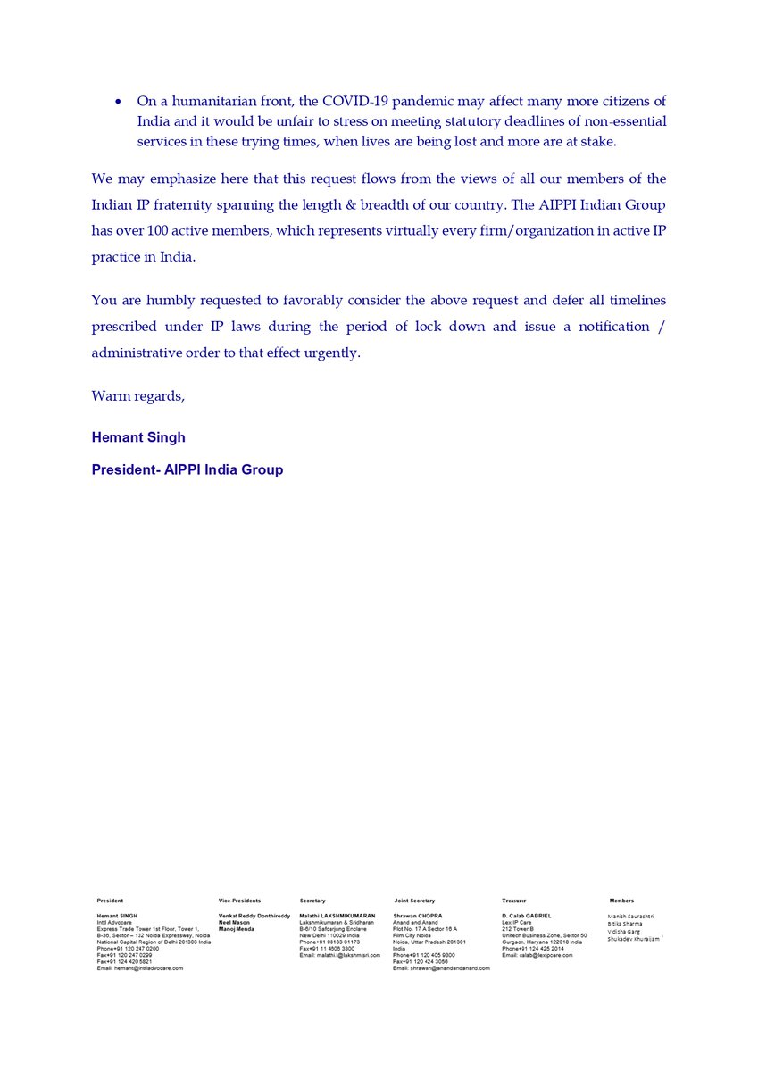 AippiG's tweet photo. AIPPI IndianGroup requests suo moto deferment of all Intellectual Property Statute deadlines till May 01 in view of  the COVID-19 situation.Pleasegive effect to SC order of March 23 &amp; respond favorably @DIPPGOI ,@CimGOI ,@PiyushGoyalOffc ,@cgpdtm_india ,@IPO_India,@PMOIndia 

 . https://t.co/V7jk2sSugR