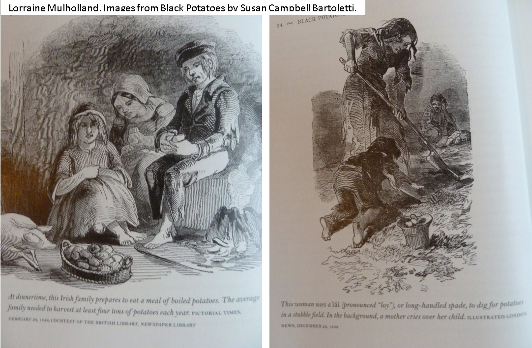 "Potatoes at morningPotatoes at noonAnd if I were to rise at midnightPotatoes I'd get."19th C children's chant.Especially since population density so high in uplands, people needed something to feed them! Potato saved them (not grains, or animals that went to landlord)!