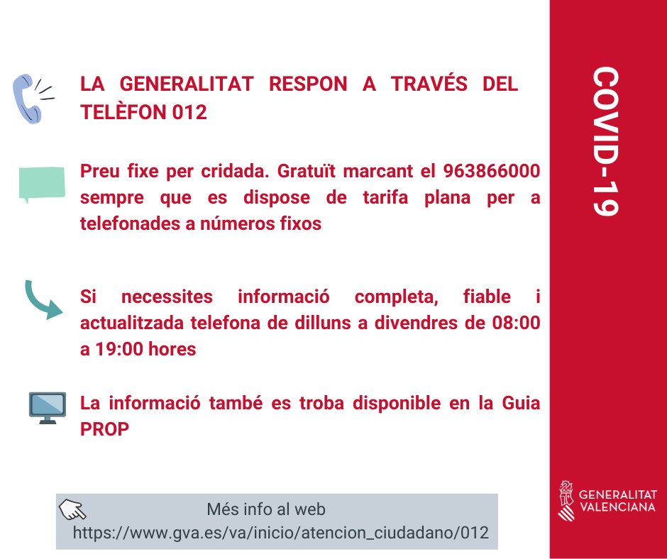 La <a href="/generalitat/">Generalitat</a> respòn a través del telèfon 012

✅Preu fixe per cridada
✅Gratuït marcant el 963866000
⏰De dilluns a divendres de 08:00 a 19:00 hores

🔗Més informació 

👇👇👇
gva.es/va/inicio/aten…