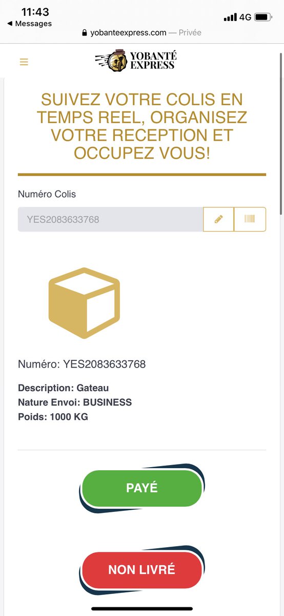 yobanteYES's tweet photo. L’avantage avec YOBANTE EXPRESS c’est que vous recevez une notification par SMS après chaque envoie ou réception de colis. Vs pouvez ensuite cliquer sur le lien pour suivre en temps réel le trajet de votre colis de l’enlèvement à la destination. #lastmile #delivery #YESMako 🤎💛 https://t.co/GMH70QxsnO