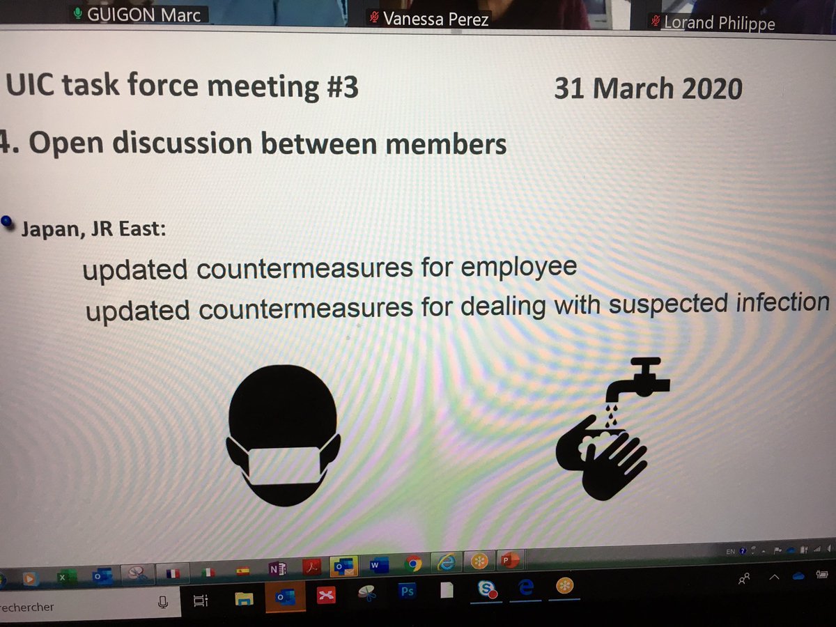 uic's tweet photo. [#COVID19 🦠Task Force] Open discussion between #UICrail members: Japanese #Railways @JREast_official presented the countermeasures for employees and for dealing with suspected infection 😷🧴😷 https://t.co/F0JSdNlNNo