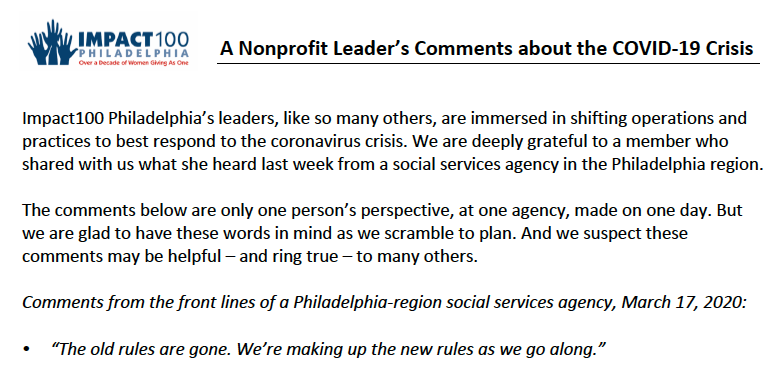 Impact100Philly's tweet photo. We've made grantmaking changes due to COVID-19. Our decisions were informed by members, @philanthropyPHL  @Philanthropy  @philanoswomen &amp; many others, but most of all by hearing from nonprofit leaders. Read these candid words from one leader. https://t.co/JGL34GJjZP https://t.co/zMtTGsVKh5