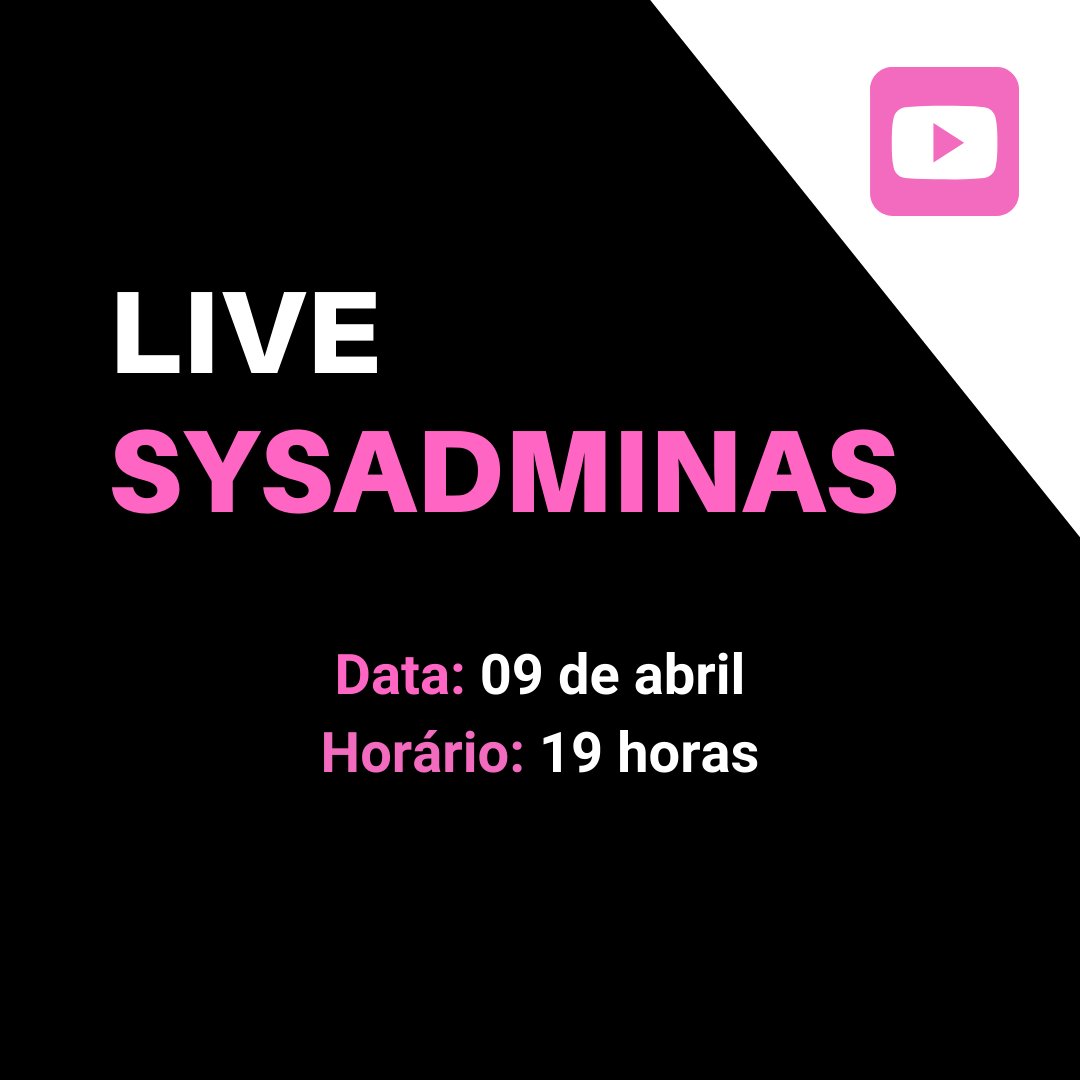 sysadmbr's tweet photo. No dia 09/04 faremos uma live, a partir das 19 horas em nosso canal do Youtube.
Teremos duas talks incríveis com a Valesca Fortunato, Beatriz Oliveira e Giovana Nascimento.
Se inscreva no link: https://t.co/qtBDoMzTMo
#SysAdminas #WomenInTech #Infra #DevOps https://t.co/gutbQUZ8Bp