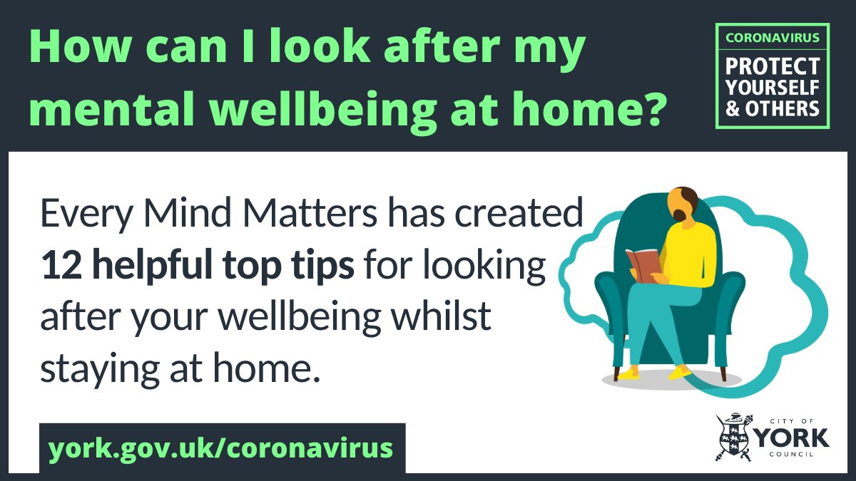 CityofYork's tweet image. #EveryMindMatters have created 12 simple, practical top tips for improving your mental wellbeing whilst staying at home.  View them online and share them with friends. nhs.uk/oneyou/every-m… #StayHomeSaveLives #TogetherYork