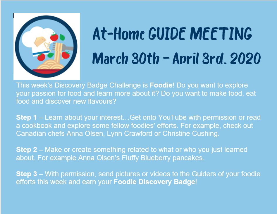 200thMissGuides's tweet photo. Week #2 Challenge is in your inbox! Completing this challenge fills in a spot on your bingo card AND earns your a Discovery Badge! Remember to send us pics in email or on our private FB page! #Community16 @girlguidesofcan @girlguidesonnv #guidingrocks #lifeskills https://t.co/Mr5FBR2mAV