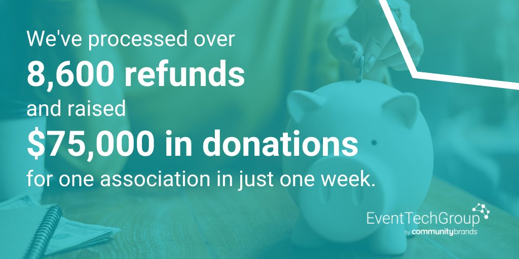 Did you cancel an event? Generate income for your association by allowing attendees to donate all or part of their refund to your association. We've processed over 8,600 refunds and raised $75,000 in donations for one association in just one week! ow.ly/uCTU50yWNZA