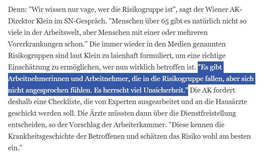 CKleinAK's tweet photo. "Gefährdete müssen nicht mehr in die Arbeit", titeln die @sn_aktuell.
 
Eine gute Entscheidung der Regierung, aber wer gehört dazu? 
 
Sinnvoll wäre eine medizinische Checkliste für die #Corona-Risikogruppe, anhand derer die HausärztInnen entscheiden. https://t.co/vjrckXcJJO https://t.co/zprOZgR4jo