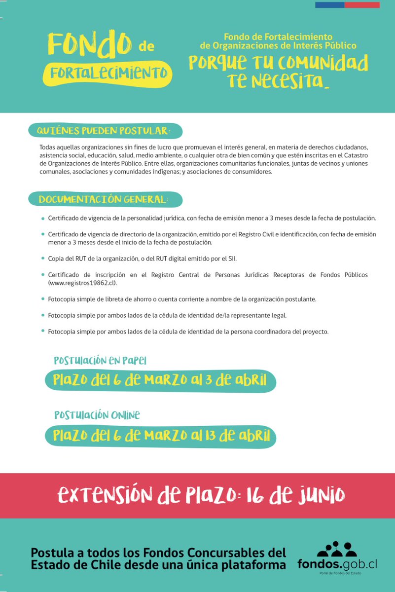 Atención #LosLagos🚨, a nuestras organizaciones beneficiarias tenemos buenas noticias. Se ha extendido plazo de postulación para #FondoFortalecimiento2020 al 16 de junio. Para más información, puede ingresar a fondodefortalecimiento.gob.cl <a href="/IngridSchettino/">INGRID SCHETTINO</a> #CuidémonosEntreTodos