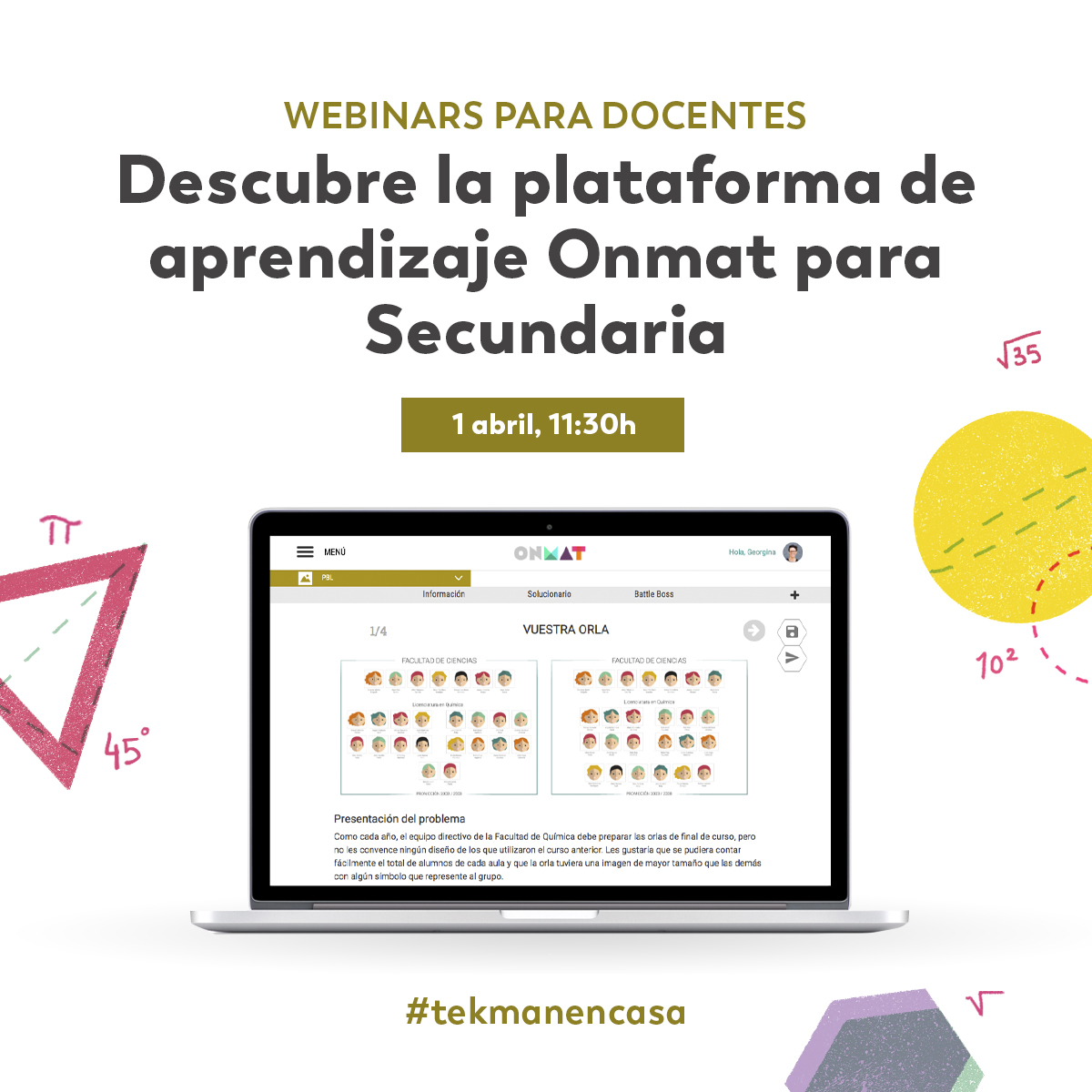 El 73% de los estudiantes de Secundaria reconoce no entender las matemáticas. ¿No es hora ya de darle la vuelta a estos número? Apúntate a nuestro #webinar y conoce cómo ONMAT hace que nuestros alumnos conecten con las #matemáticas 👉 bit.ly/2UTYyl8 #tekmanencasa