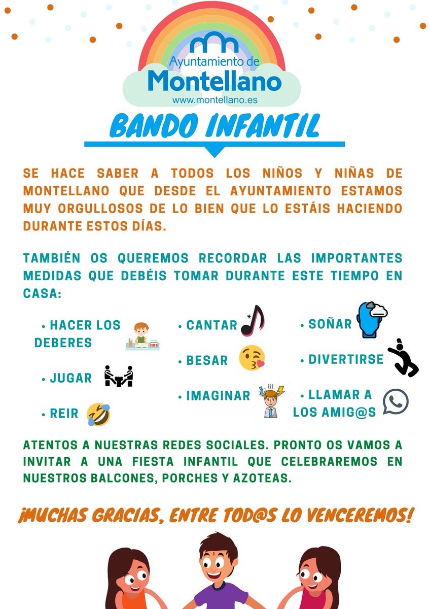 AytoMontellano's tweet photo. #BandoInfantil Se hace saber a todos los niños y niñas de montellano que desde el ayuntamiento estamos muy orgullosos de lo bien que lo estáis haciendo durante estos días. https://t.co/ykFnDeSOht https://t.co/noUFnB2e1h