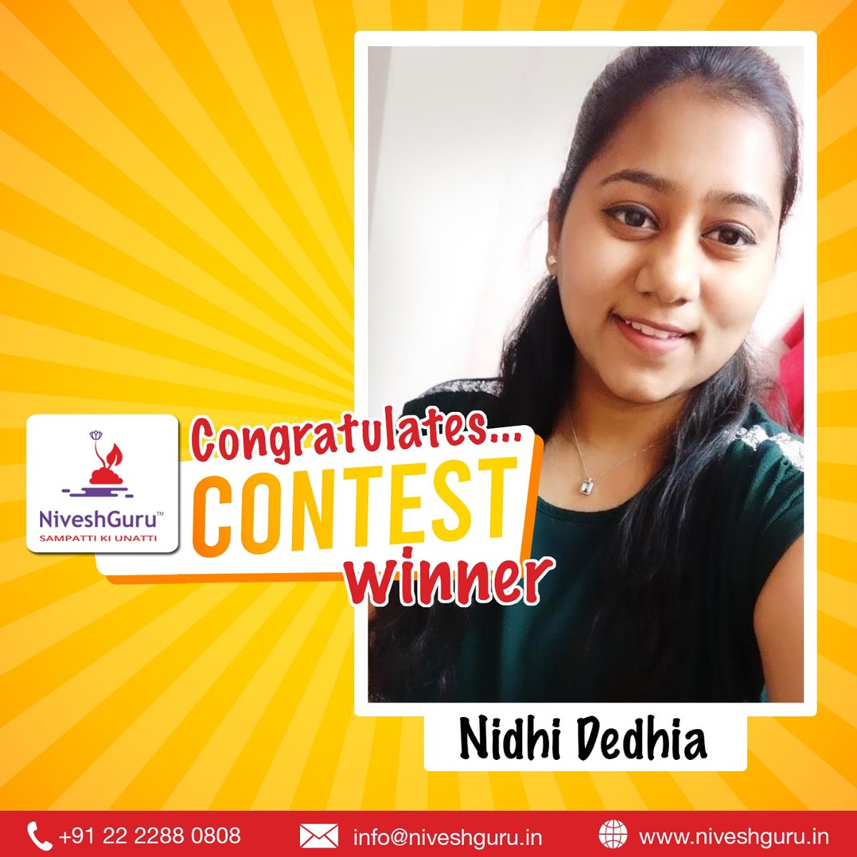 NiveshGuru's tweet photo. Congratulations to Nidhi Dedhia winner of our #ContestAlert #KarBachat #TaxSaving Quiz Contest 
A big thank you to all the participants of the #NiveshguruContest! 
NiveshGuru believes in sharing knowledge and helping #investors learn new concepts and theories in #finance. https://t.co/KIdWa0wMaR