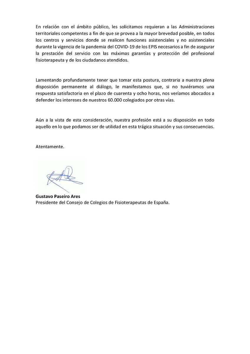 Ante el "vicio" de pedir, existe la "virtud" de no dar. Esto debe ser lo que <a href="/sanidadgob/">Ministerio de Sanidad</a> piensa de todas las peticiones que se les remiten.
Una más, para decretar el cierre de centros de FT desde el <a href="/cgcfe/">CGCFE</a> 
#tufisiosequedaencasa #yocierromismanos