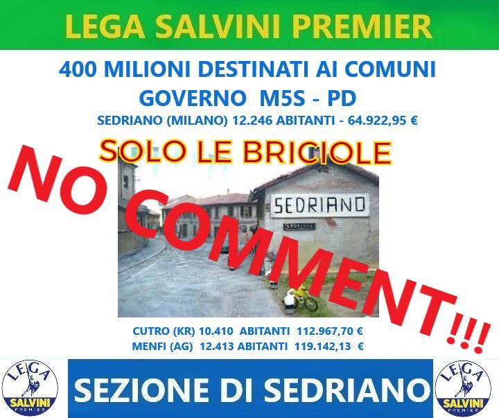 LegaSedriano's tweet photo. Sole le Briciole alla regioni più colpite dalla crisi del Covid-19.
No Comment #coronavirus  #legasedriano #solobriciole https://t.co/sVdKsgEyV1