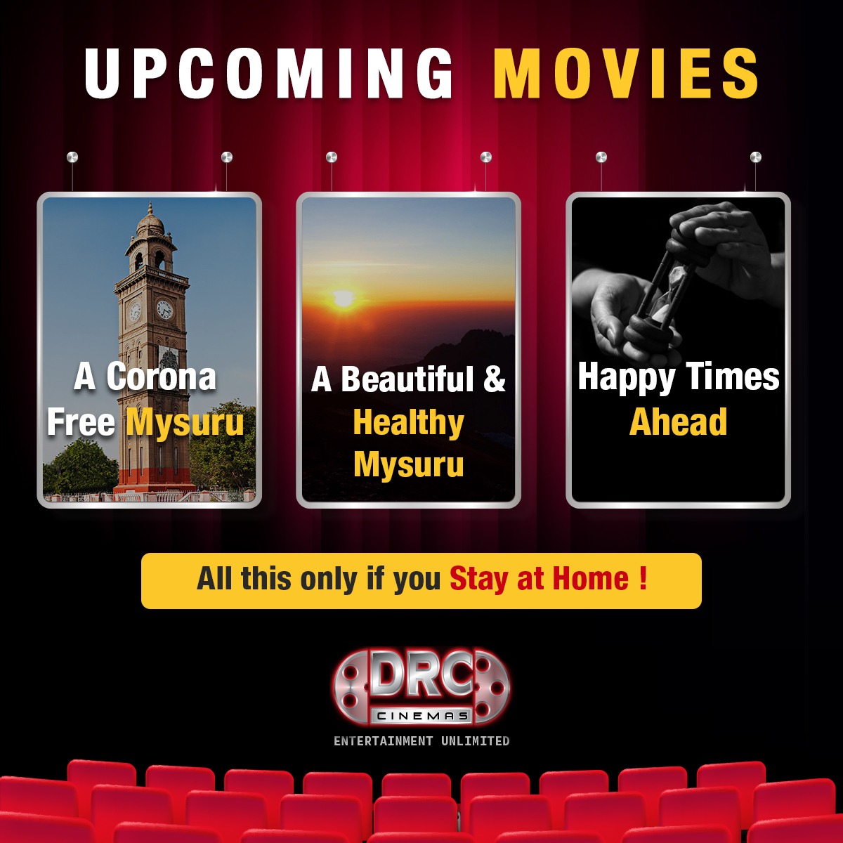 DRCCinemas's tweet photo. The Ticket to a better tomorrow is to Stay Home today. Stay Home and #StaySafeMysuru. See you soon at @DRCCinemas.
#CoronaVirus #Covid19 #StayHome #StayAlert #StaySafe #MoviesInMysuru #Movies #MysuruMultiplex #MoviesInMysore #MysoreMultiplex #DRCCinemas #DRC #Mysuru #Mysore https://t.co/2vUtNYdLev