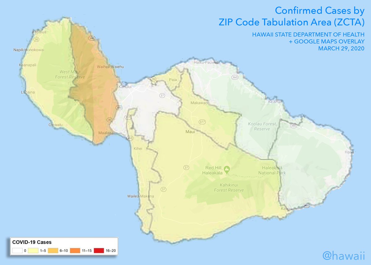hawaii's tweet photo. Here are versions of the @HIgov_Health COVID-19 island maps with Google Maps overlays to provide more details. Here's hoping the DOH will release numbers in tabular form so map nuts can do what they do best. #mapeverything #hawaiicovid19 https://t.co/eSXv6uhYkx