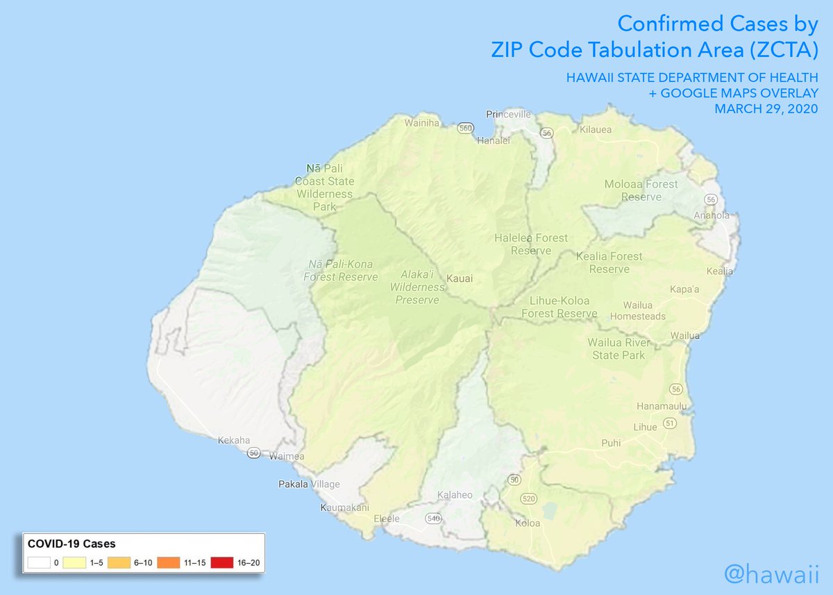 hawaii's tweet photo. Here are versions of the @HIgov_Health COVID-19 island maps with Google Maps overlays to provide more details. Here's hoping the DOH will release numbers in tabular form so map nuts can do what they do best. #mapeverything #hawaiicovid19 https://t.co/eSXv6uhYkx