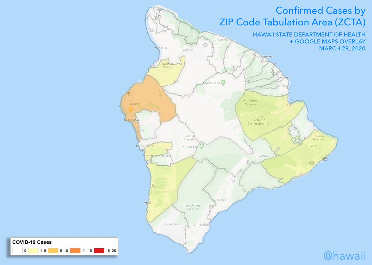 hawaii's tweet photo. Here are versions of the @HIgov_Health COVID-19 island maps with Google Maps overlays to provide more details. Here's hoping the DOH will release numbers in tabular form so map nuts can do what they do best. #mapeverything #hawaiicovid19 https://t.co/eSXv6uhYkx