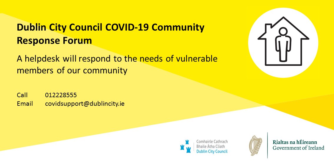 The Dublin City Council Community Response Forum is now live. Our staff are here to assist the elderly and vulnerable citizens across the city.

If you need help or know somebody who needs help? Please call us on 01 222 8555 or email covidsupport@dublincity.ie

#COVID19ireland