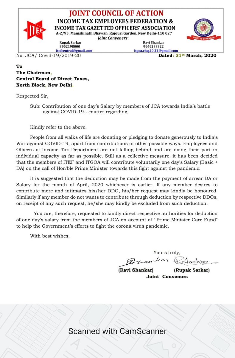 TaxChq's tweet photo. Decision of JCA (ITGOA + ITEF) on Contribution of one days' Salary towards PM Care Fund https://t.co/JW6WtJuNIT