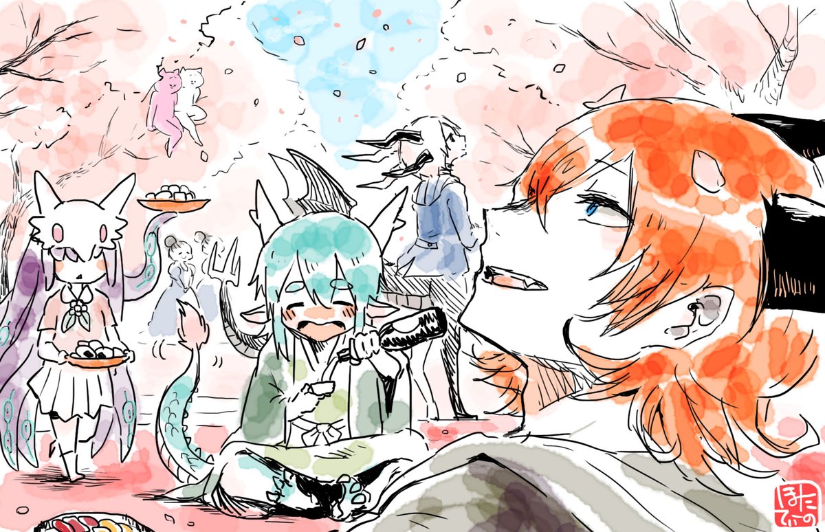 過去に描いたものですが、東洋竜さんと西洋竜さん(人型)とみんなでお花見? 