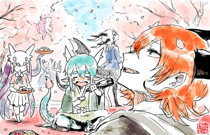 過去に描いたものですが、東洋竜さんと西洋竜さん(人型)とみんなでお花見? 