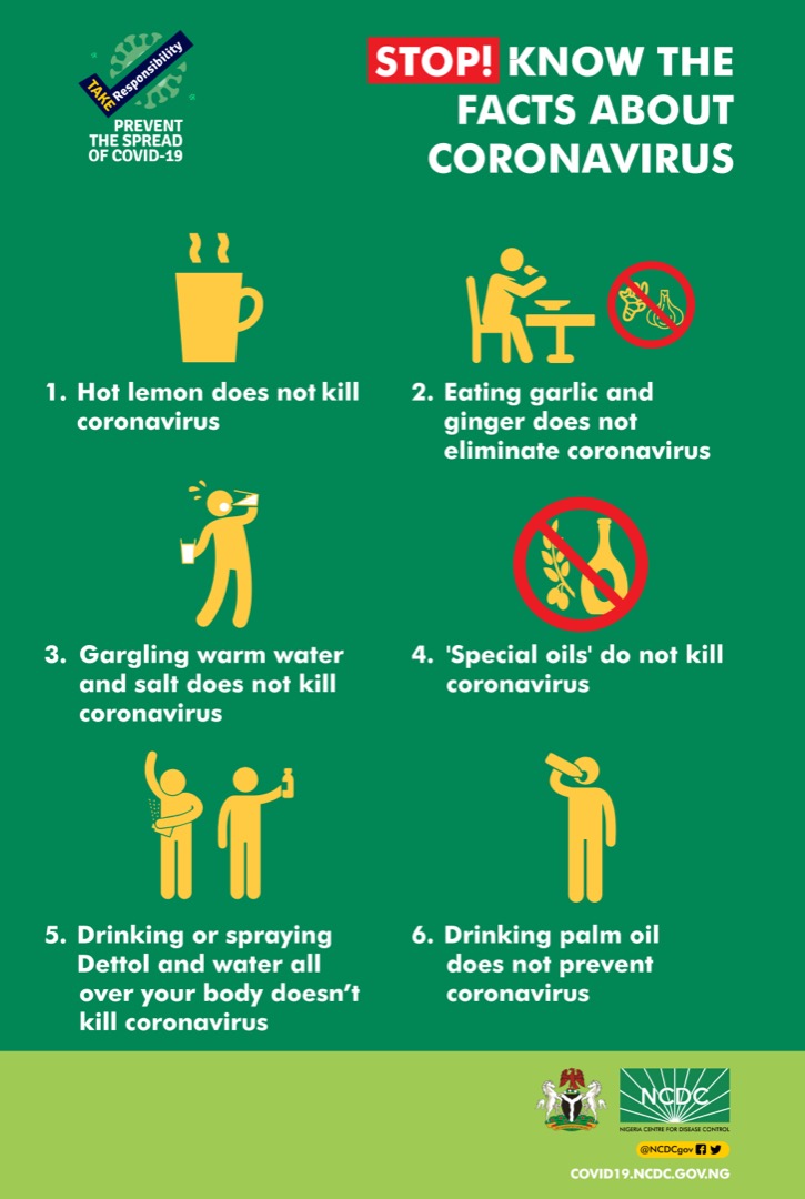 NCDCgov's tweet photo. Beware of unverified messages on social media!

These DO NOT protect against #COVID19:

*Consuming hot lemon, palm oil, ginger or garlic
*Gargling with salt water
*Drinking or spraying dettol on your body

#TakeResponsibility
#WashYourHands
#StayAtHome https://t.co/lknwcGoiZS