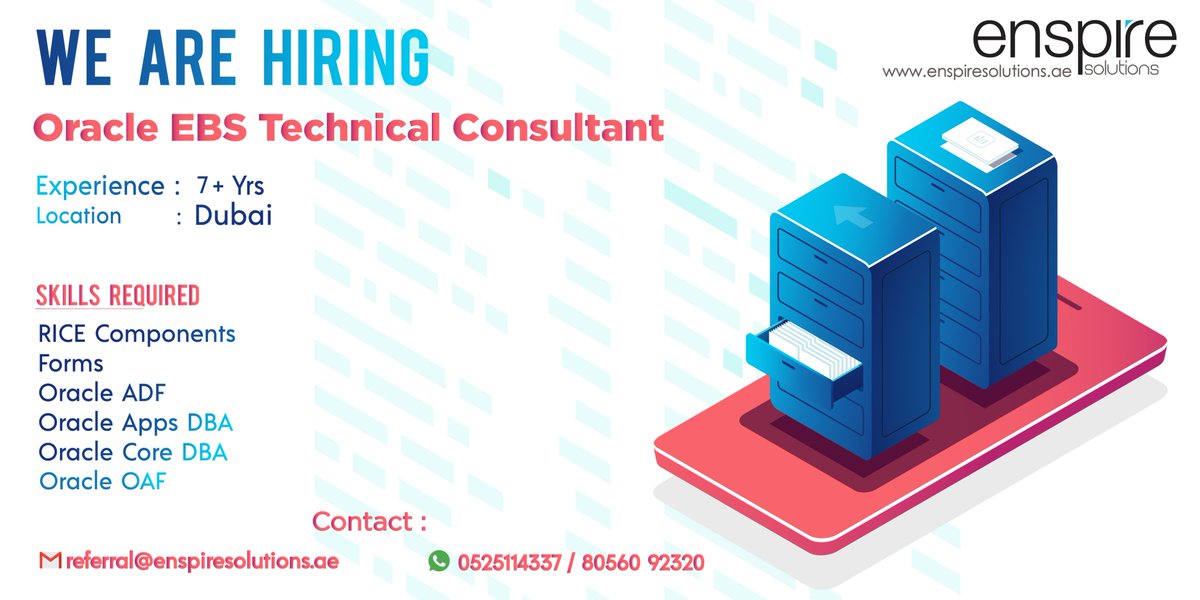 DmccEnspire's tweet photo. Enspire is Hiring!!!
Job Role: Oracle EBS Technical Consultant
Experience: 7+ Years
Location: Dubai
For more information visit https://t.co/jsdBfKndpI
#jobsindubai #hiring #itjobs #oracleebs #ricecomponents #forms #oracleADF #oracleappsDBA #oraclecoreDBA #oracleOAF https://t.co/AI7RkEbgcO