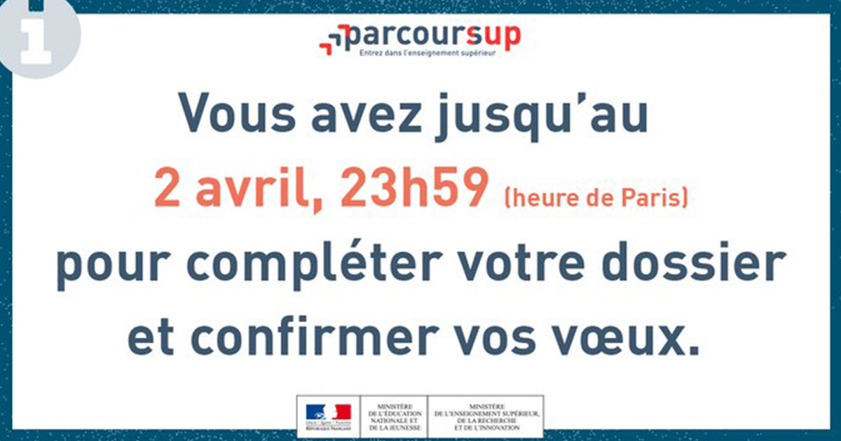 ⚠️  PARCOURSUP J-3
📆Complétez votre dossier et confirmez vos vœux avant le 2 avril.
A savoir :
☑️épreuves écrites annulées et remplacées par l’examen du dossier.
☑️Dossier déjà confirmé ? Modifiez certains éléments avant le 2/4.
📞 n° gratuit Parcours Métier 0 800 05 00 00