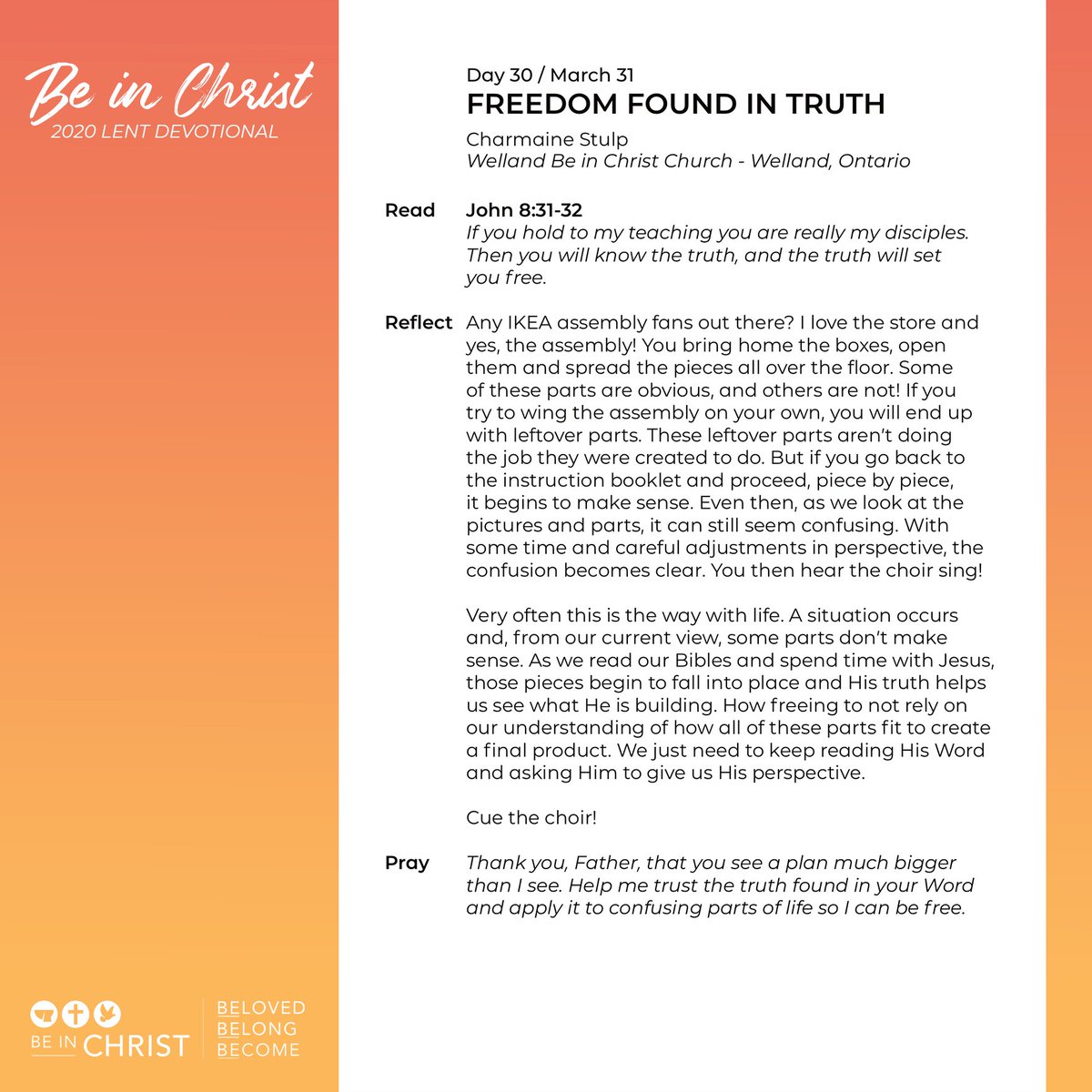 BICCanada's tweet photo. Today's Lent devotional post is from Charmaine Stulp at Welland Be In Christ Church - Welland, ON. #BICLentDevo2020 https://t.co/9SdVqukrHU
