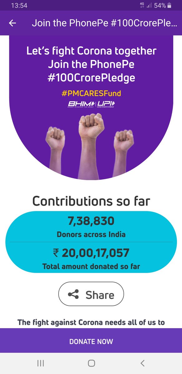 Thank you India! More than Rs 20 Crores donated by over 7.3 Lakh customers already. We need to cross 10 lakh donors today. Come on!! Please spread the word. Please teach your friends and family how to use UPI!
