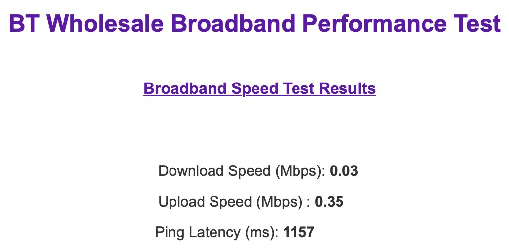 nfcmike's tweet photo. @bt_uk  screenshot this morning after being told I'm getting 3.5Mbps download.  This level of service is what I have received since Oct 2019.  When I complain a new fault is opened to make sure it does not exceed 8 weeks.  I've had enough #BTcare https://t.co/UkxAWQRo6G