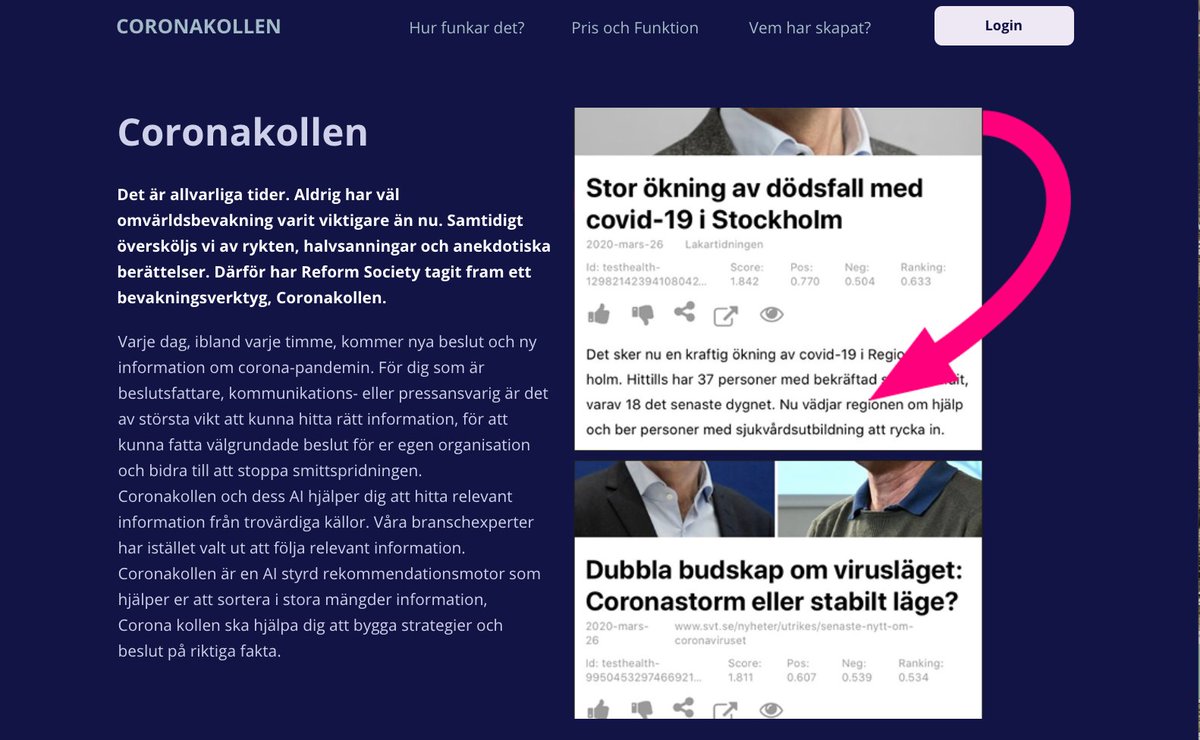 REFORM SOCIETY SLÄPPER AI-VERKTYG I KAMPEN MOT CORONA. Coronakollen hjälper dig att hitta relevant information om corona-pandemin från trovärdiga källor genom att en AI-styrd rekommendationsmotor sorterar och analyserar mest relevant information. Mer info: coronakollen.io