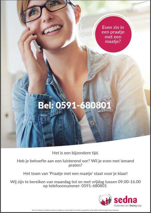 Zin in een praatje met een maatje? Bel gerust met Sedna, ze zitten klaar voor u!