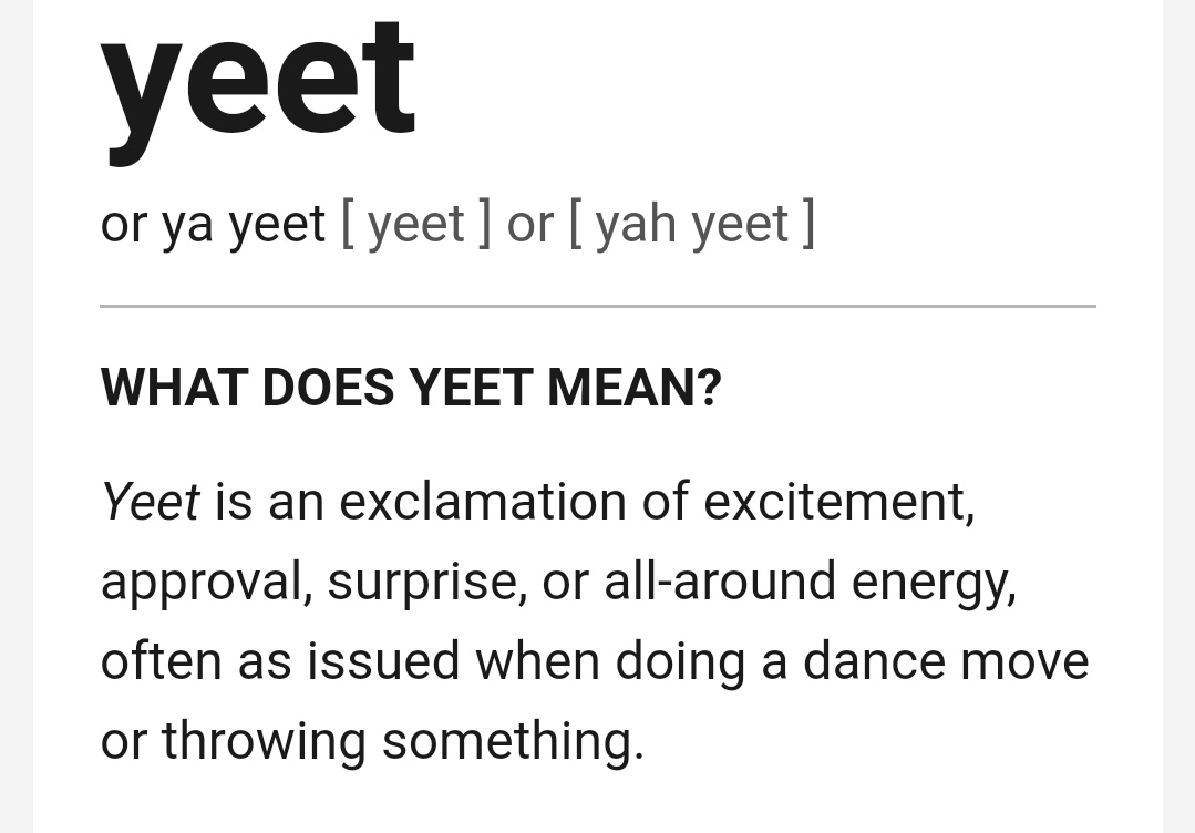 Every time I have to Google a new bit of internet patter I'm going to post it in this thread.1. Yeet