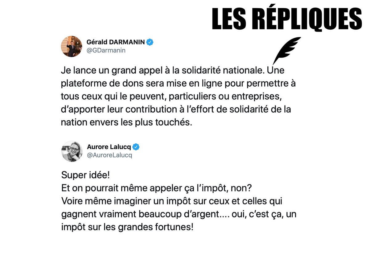 Les_Repliques's tweet photo. #COVID19 : le ministre de l'Action et des Comptes Publics @GDarmanin lance un appel à la solidarité nationale

@AuroreLalucq https://t.co/w1aRnpiU97