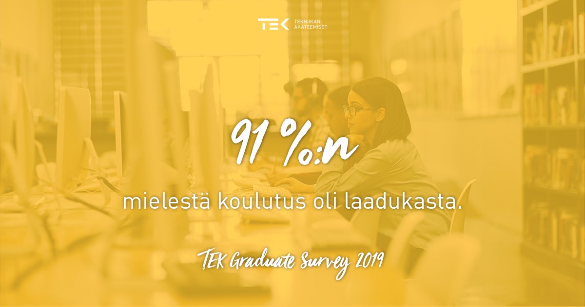 TEK_akateemiset's tweet photo. Tyytyväisyys tekniikan alan yliopistokoulutukseen on lisääntynyt. 76 % vastavalmistuneista valitsisi täsmälleen samat opinnot uudelleen, 16 % valitsisi saman tutkinnon eri pääaineella. #FPEE2020 #GraduateSurvey https://t.co/lbA1RobReS