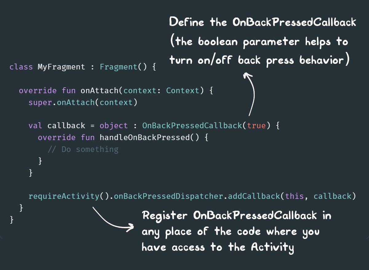 auron567's tweet photo. In Fragment class there’s no onBackPressed() method available however, starting with AndroidX Activity 1.0.0, you can use OnBackPressedDispatcher to register OnBackPressedCallback in any place of code where you have access to the Activity.
#Android #AndroidDev #Kotlin https://t.co/U4adTJ9zGS